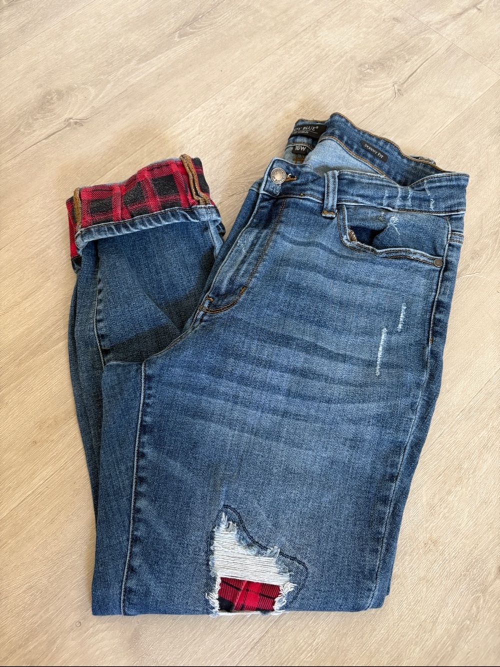 Judy Blue Blue Distressed Boyfriend Jeans with Red Plaid Patch